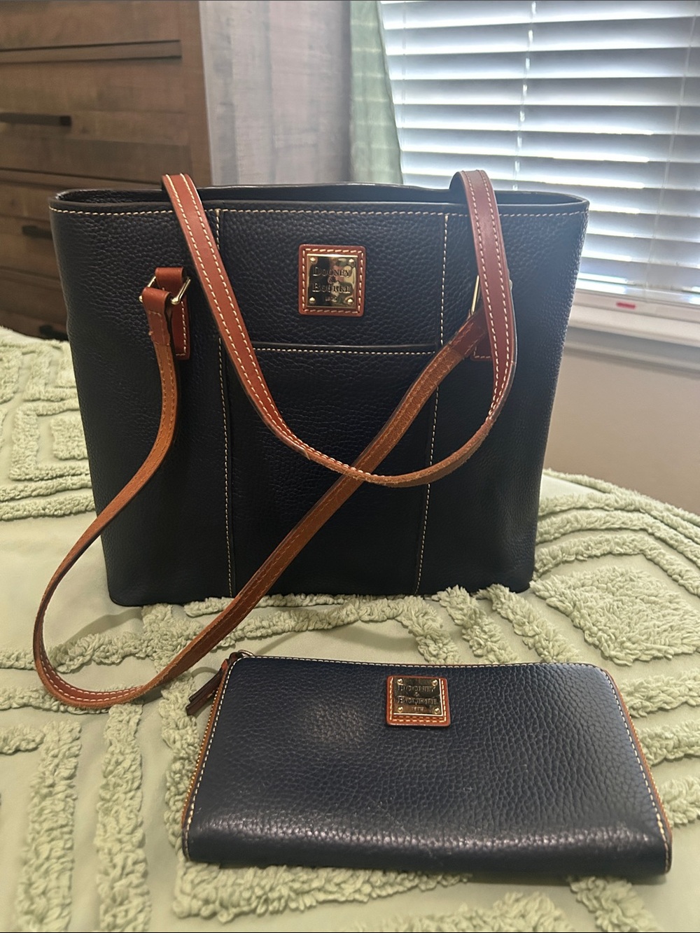 Dooney & Bourke Midnight Blue Lexington Tote with Brown Trim and Matching Wallet